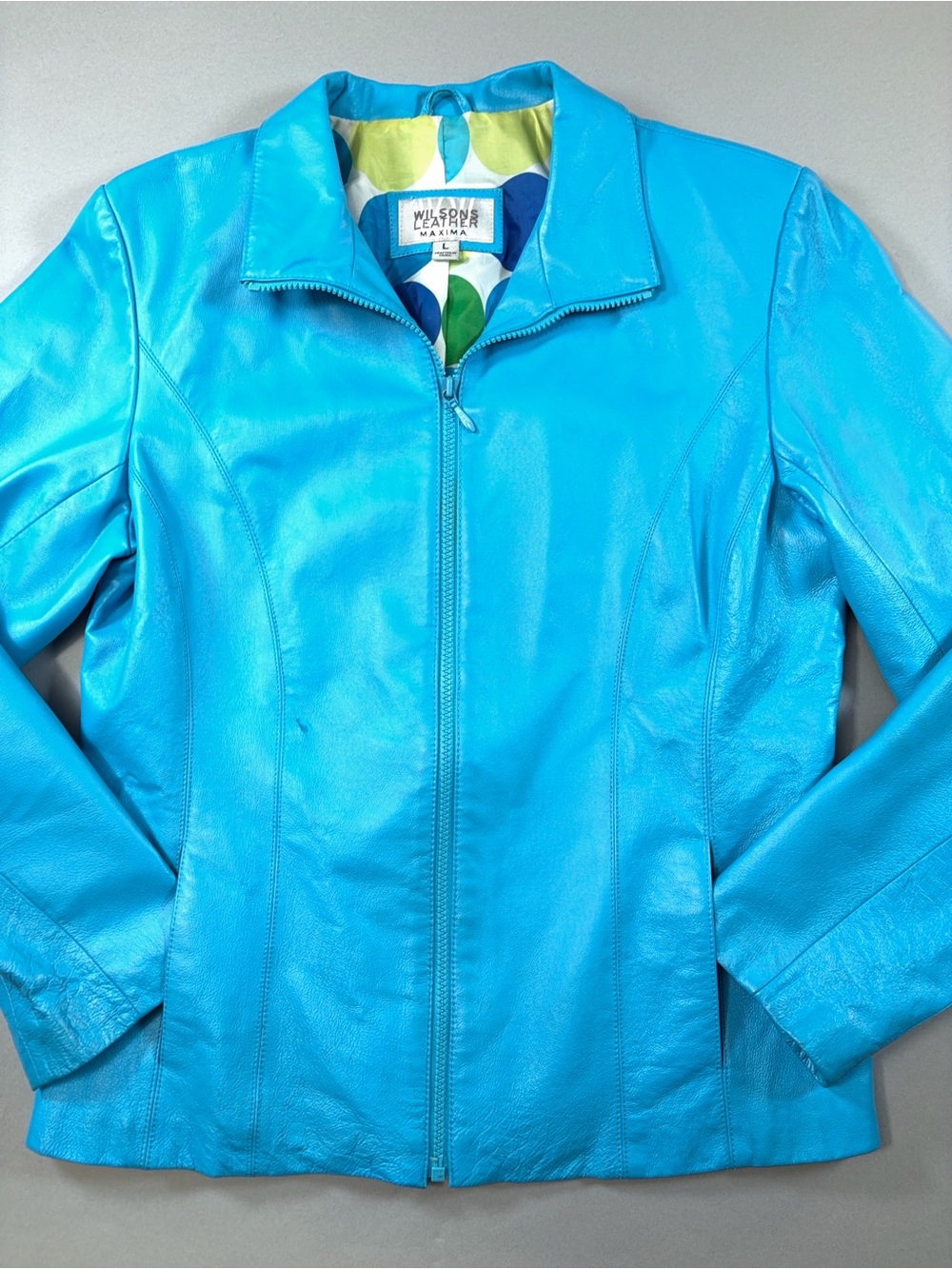 Y2K Wilsons Leather Maxima Bright Turquoise Blue Genuine Leather Jacket YKK Zip